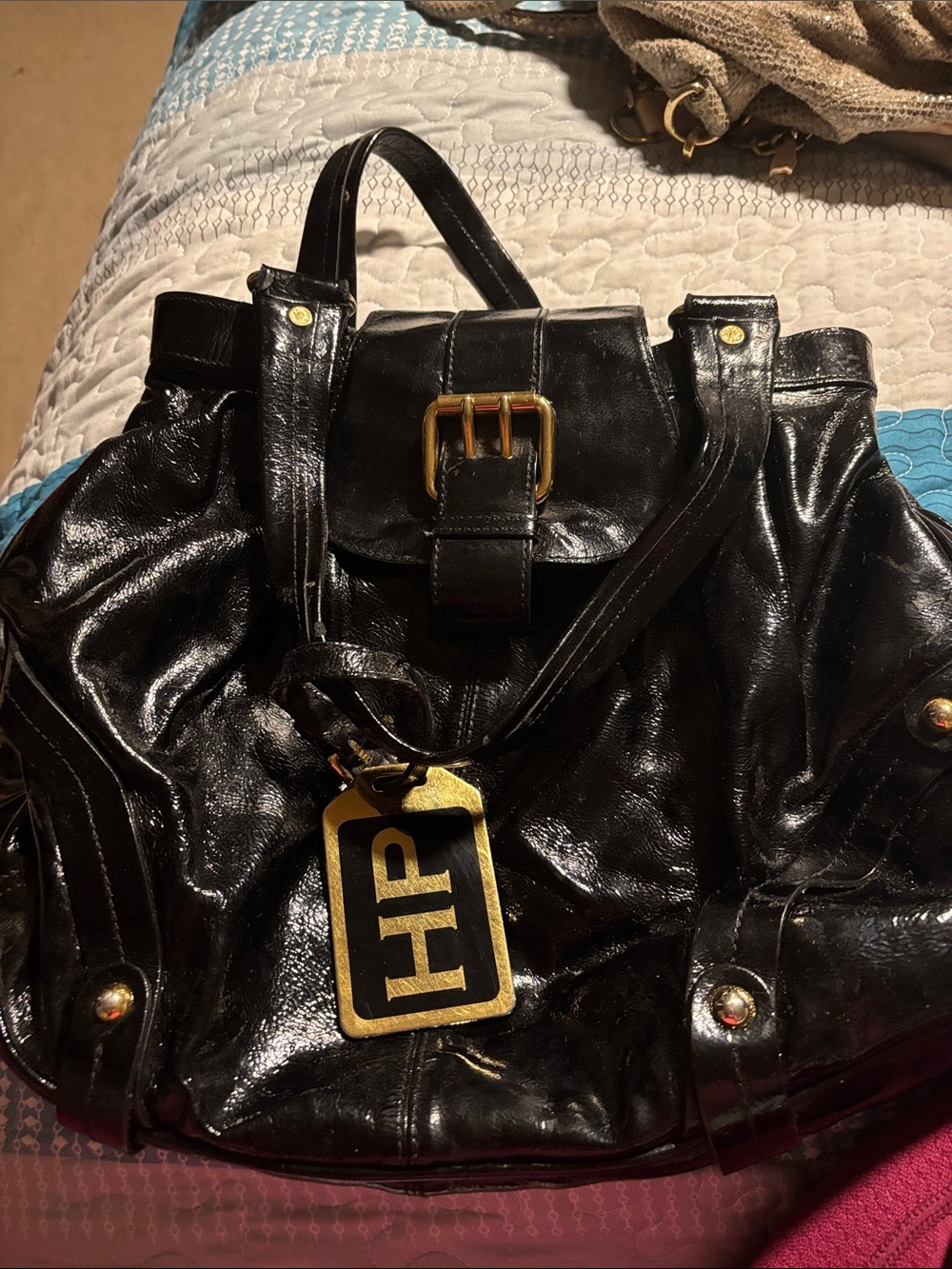 Dooney & Bourke Black Patent Tote with Gold Hardware
